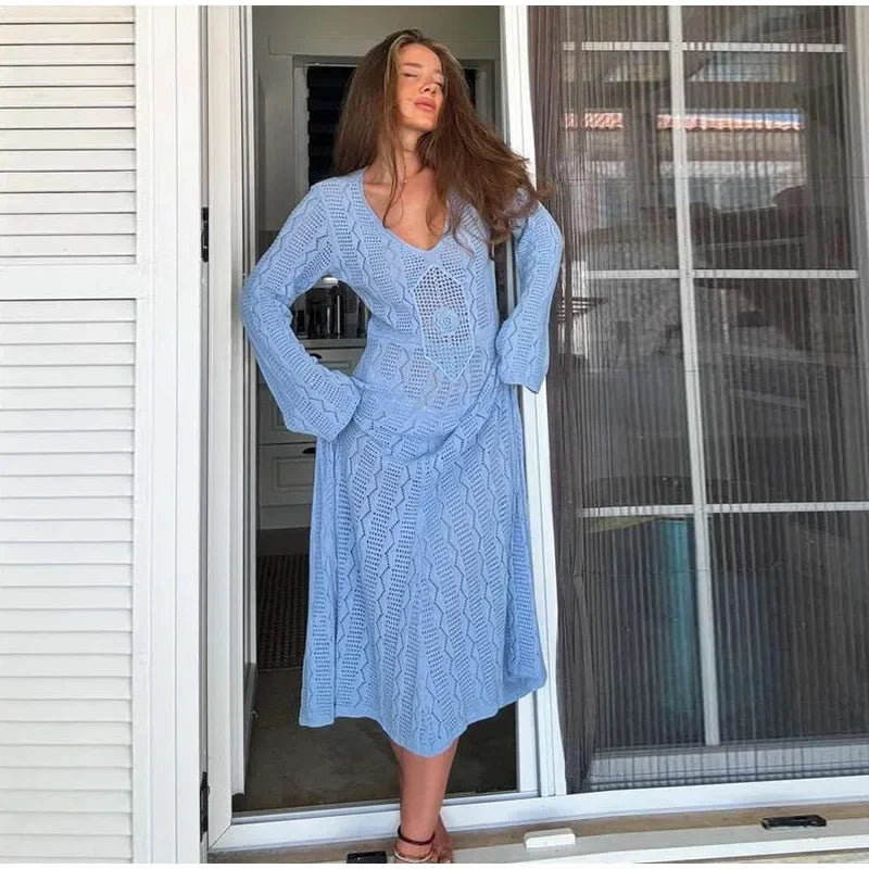 Knitted Maxi Beach Dress with Flower Decoration - Beatrice