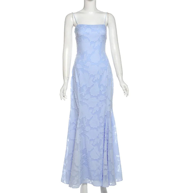 Maxi Chiffon Dress with Leaf Embroidery, Back Tie for Waist Fit - Mona Liz