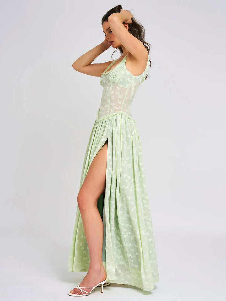 Chiffon Maxi Dress with Floral Embroidery, A-Line Cut, and Slit Design - Alejandra