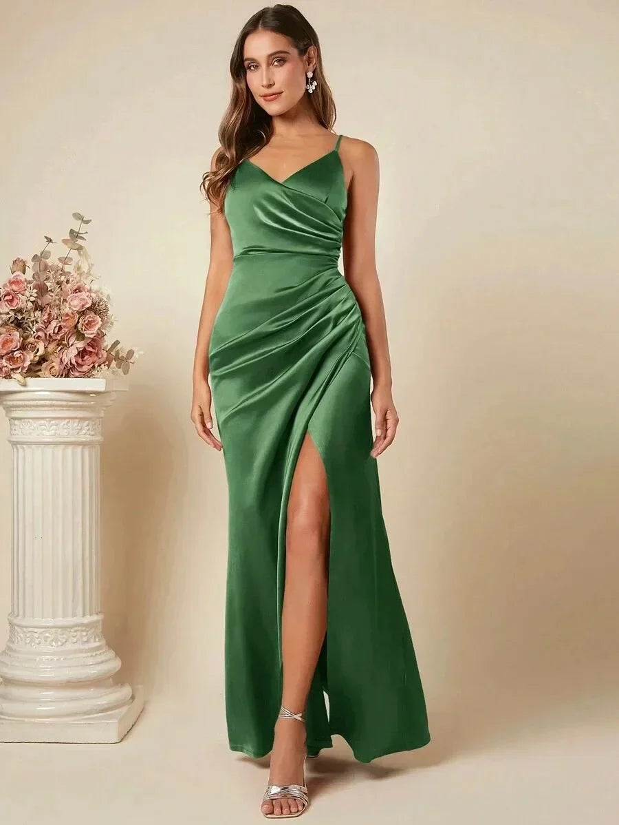 Elegant Maxi Satin Dress with Slit Detail - Reina