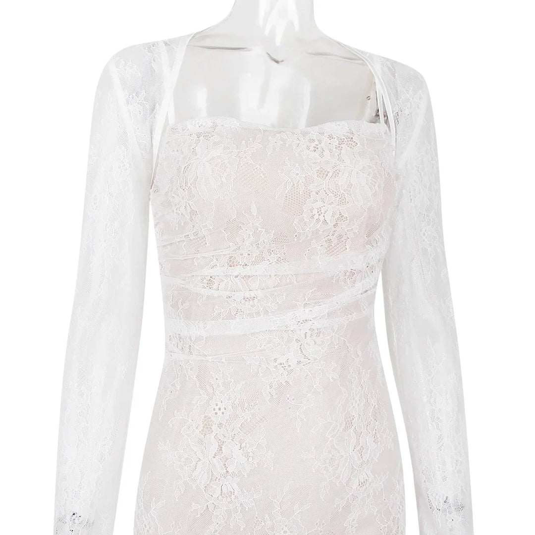 Elegant Maxi Lace Dress with Lace Sleeve Overlay - Ilia