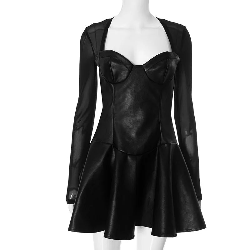 A-line faux leather mini dress with mesh sleeves - Ofek
