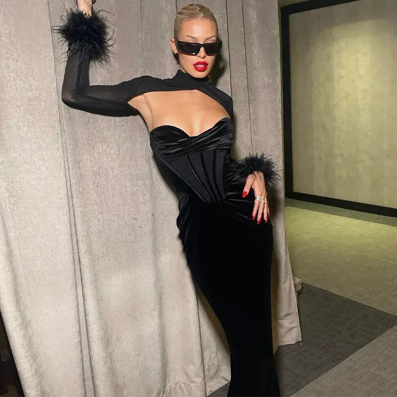 Strapless Velvet Maxi Dress with Corset Design and Mesh Feather Sleeve Detail - Elaina