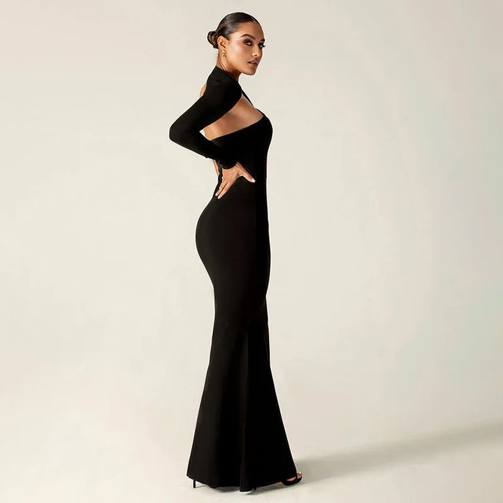 Asymmetric maxi evening dress with deep slit and one sleeve - Eva