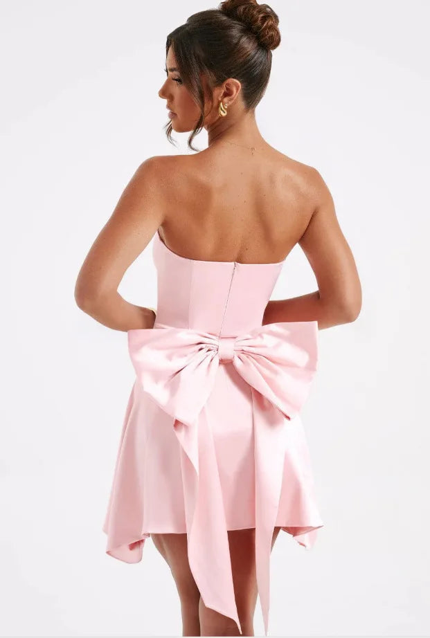 Strapless Satin Mini Dress with A-Line and Asymmetric Bow Detail - Roselyn
