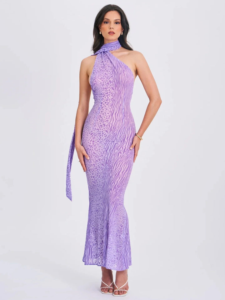 Leopard Print Mesh Maxi Dress with Open Back and Neck Tie - Jessica