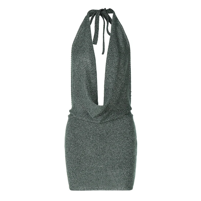 Knitted Sequin Mini Dress with Dropped Collar and Open Back - Kesem