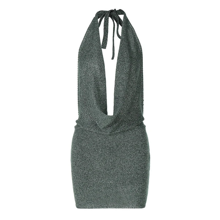 Knitted Sequin Mini Dress with Dropped Collar and Open Back - Kesem