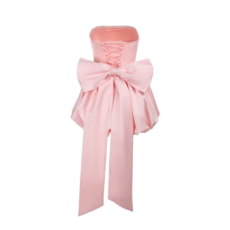 Strapless satin mini dress with balloon shape and bow decoration - Nina