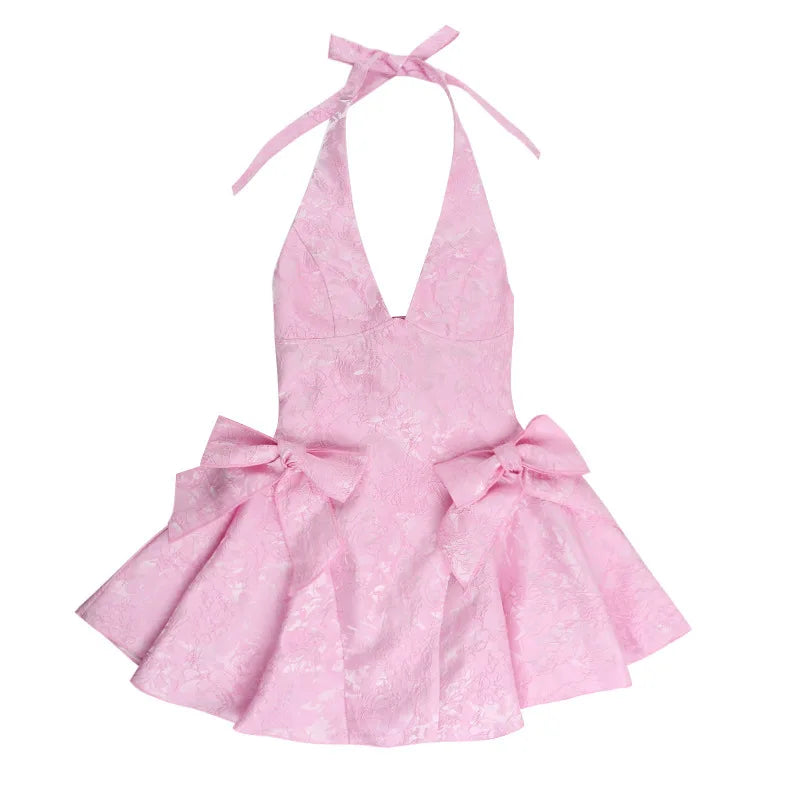 A-line mini dress with neck tie and embroidered floral illustration with bow details - Carolina