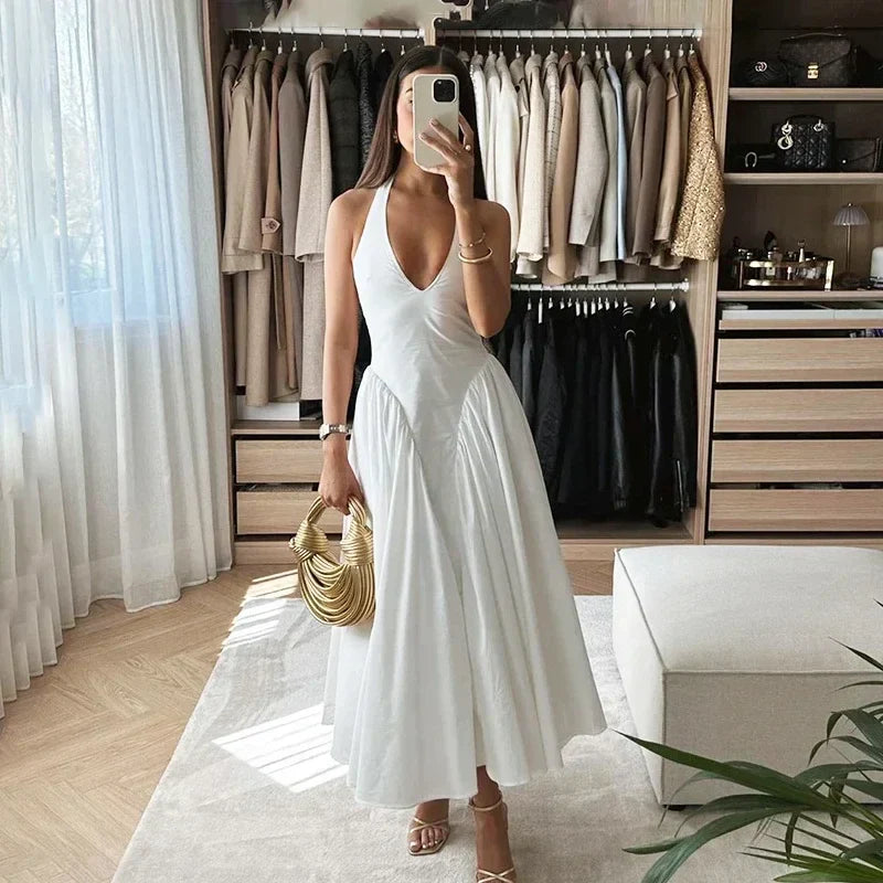 Midi A-line Dress with Neck Tie and Open Back - Makenna
