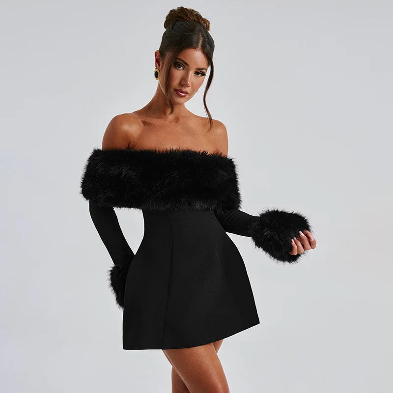 Off-shoulder A-line mini dress with feather fur detail - Ira