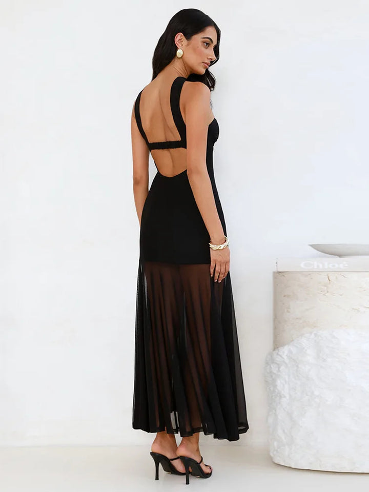 Maxi Collar Dress with Chiffon Detail and Open Back - Rachel
