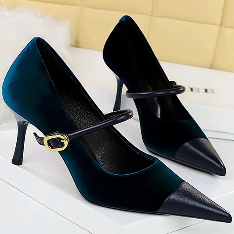 Pointed Heel Shoes with Velvet and Faux Leather Buckle Decoration - Mabel