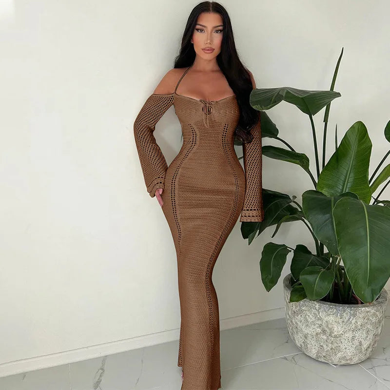 Knitted Dress with Long Sleeves and Bare Shoulders - Alaya