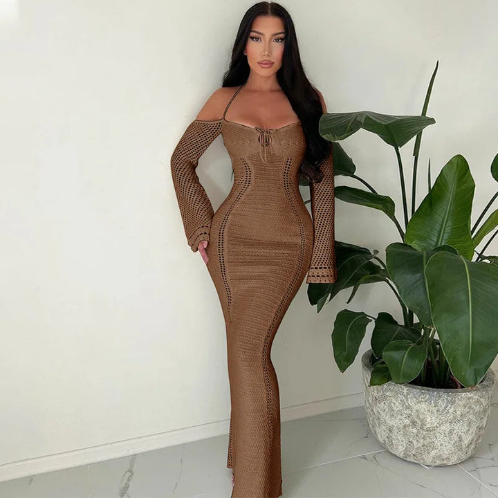 Knitted Dress with Long Sleeves and Bare Shoulders - Alaya