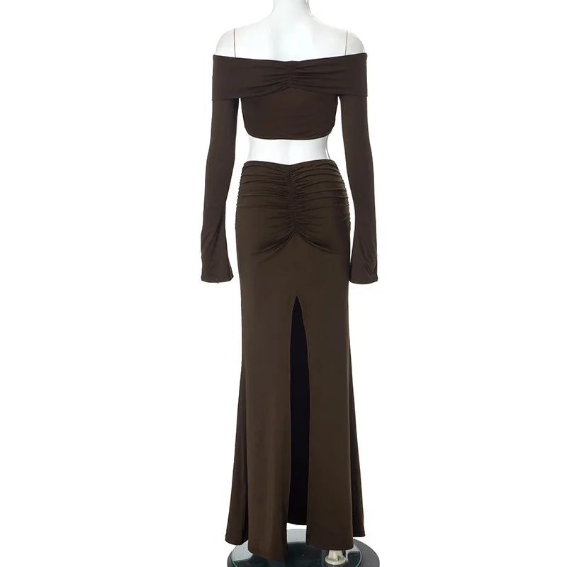 Two-Piece Set: Off-Shoulder Top with Buckle Detail and High-Waisted Maxi Skirt - Mariela