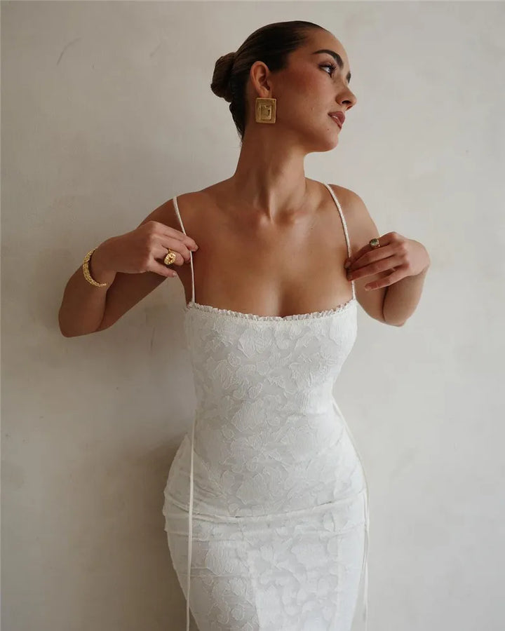 Chiffon Maxi Dress with Leaf Embroidery and Back Tie Design - BLANCA