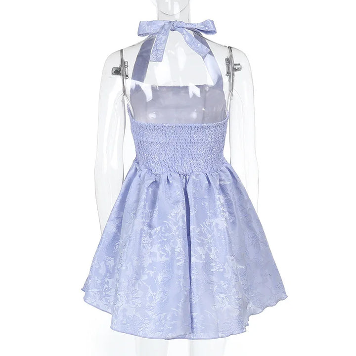 A-Line Mini Dress with Floral Embroidery and Neck Tie - Al Arieh