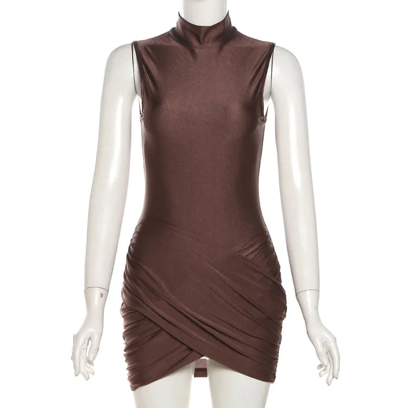 Mini Dress with Turtleneck, Shiny Fabric, Cross Ruching Design - OR