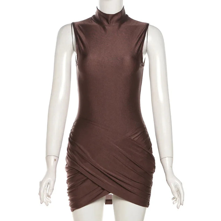 Mini Dress with Turtleneck, Shiny Fabric, Cross Ruching Design - OR