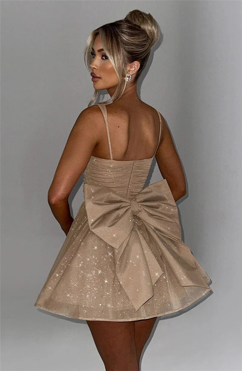 A-Line Ruffled Mini Sequin Dress with Bow Detail - Isabel