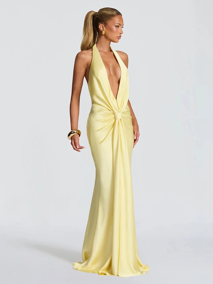 Satin Maxi Dress with V-Neck, Pleats, and Open Back - Shannon
