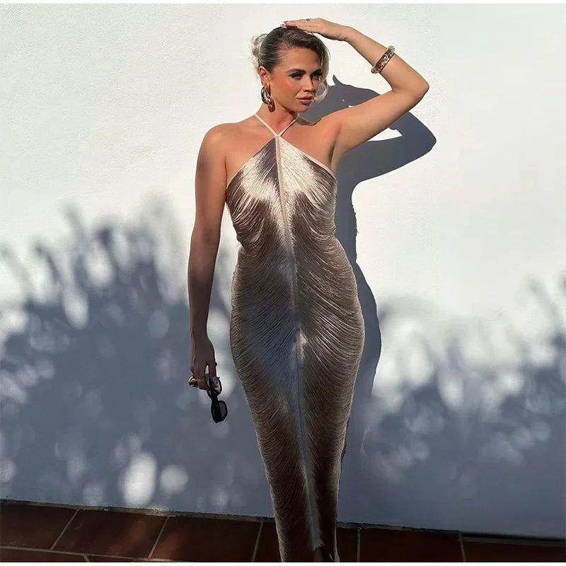 Maxi Dress with Shiny Threads and Open Back - Ashley