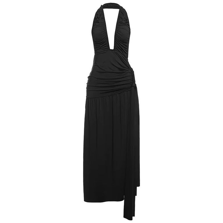 Ruched Maxi Dress with Tie Decoration, Open Back, and Deep V Neckline - Peleg