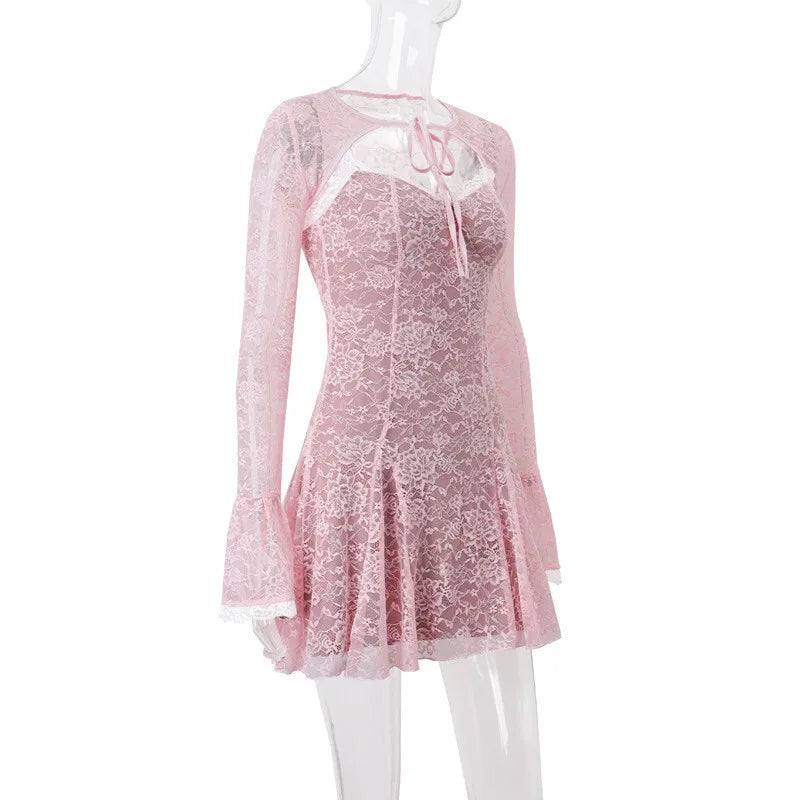 Lace Mini Dress with Overlay Sleeves and Tie Closure - Polina