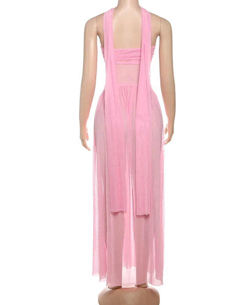 Strapless chiffon maxi dress with ruching and matching scarf decoration - Mia