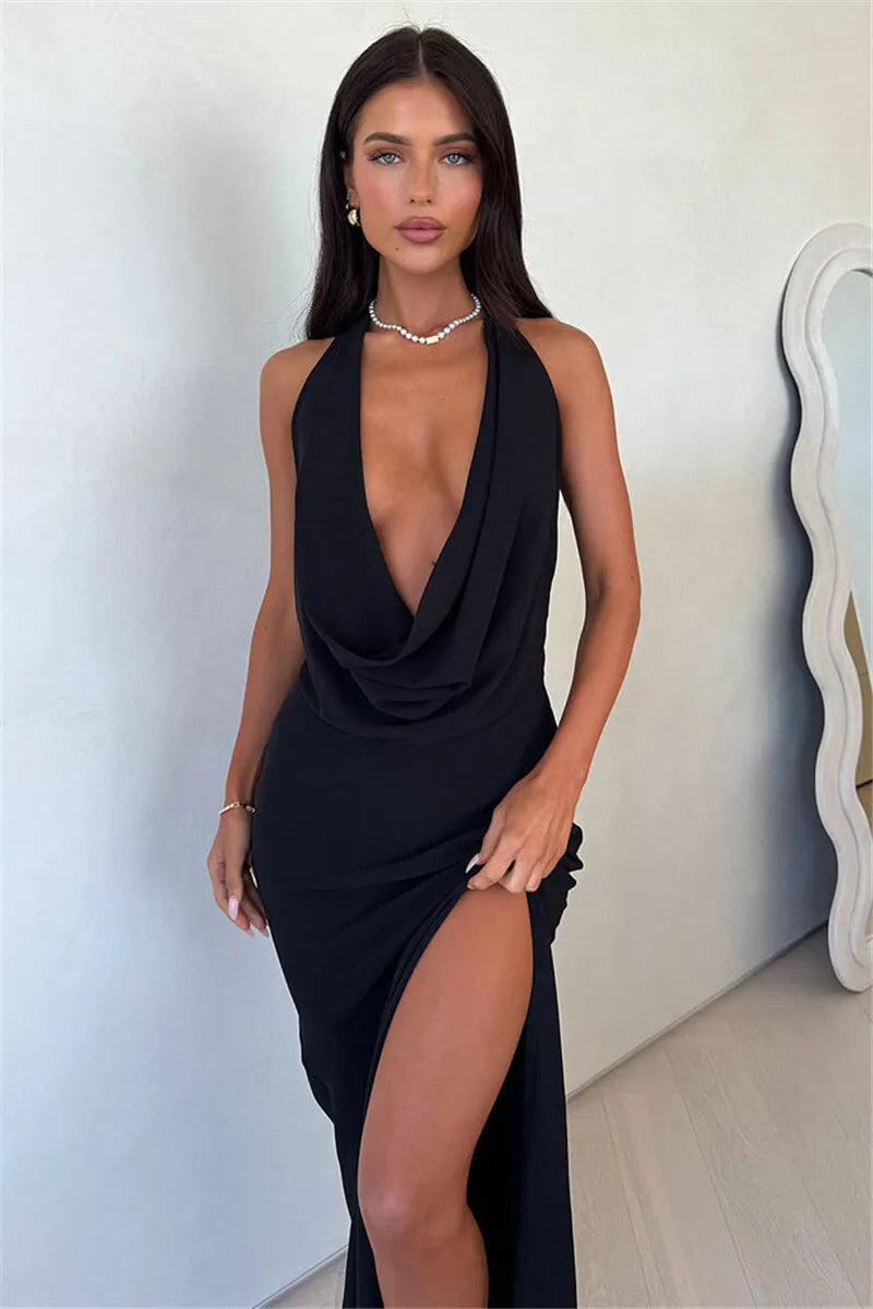 Maxi dress with draped V neckline, tie slit, and open back - Miren
