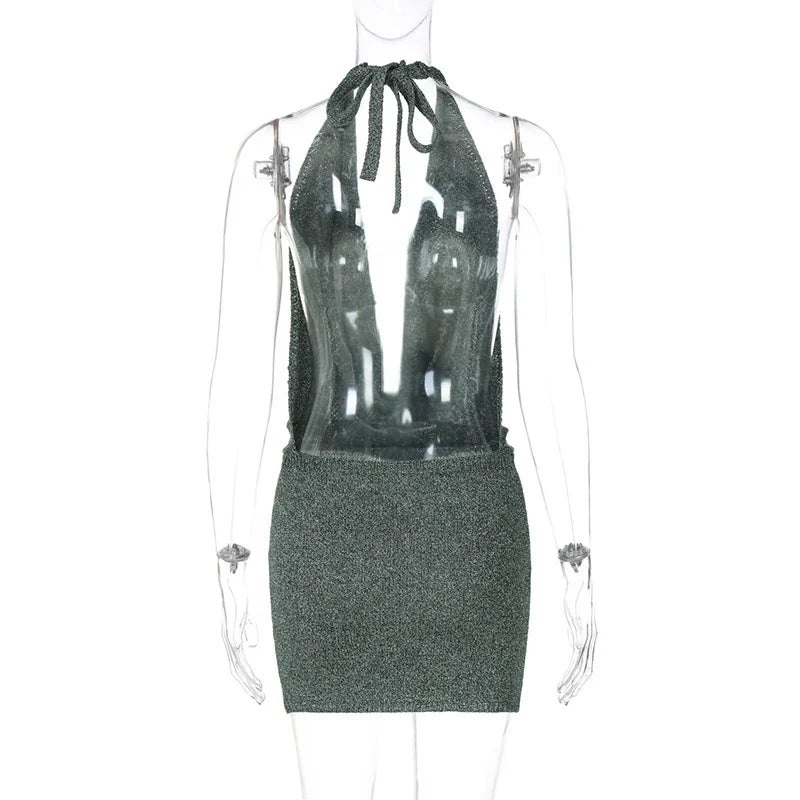 Knitted Sequin Mini Dress with Dropped Collar and Open Back - Kesem