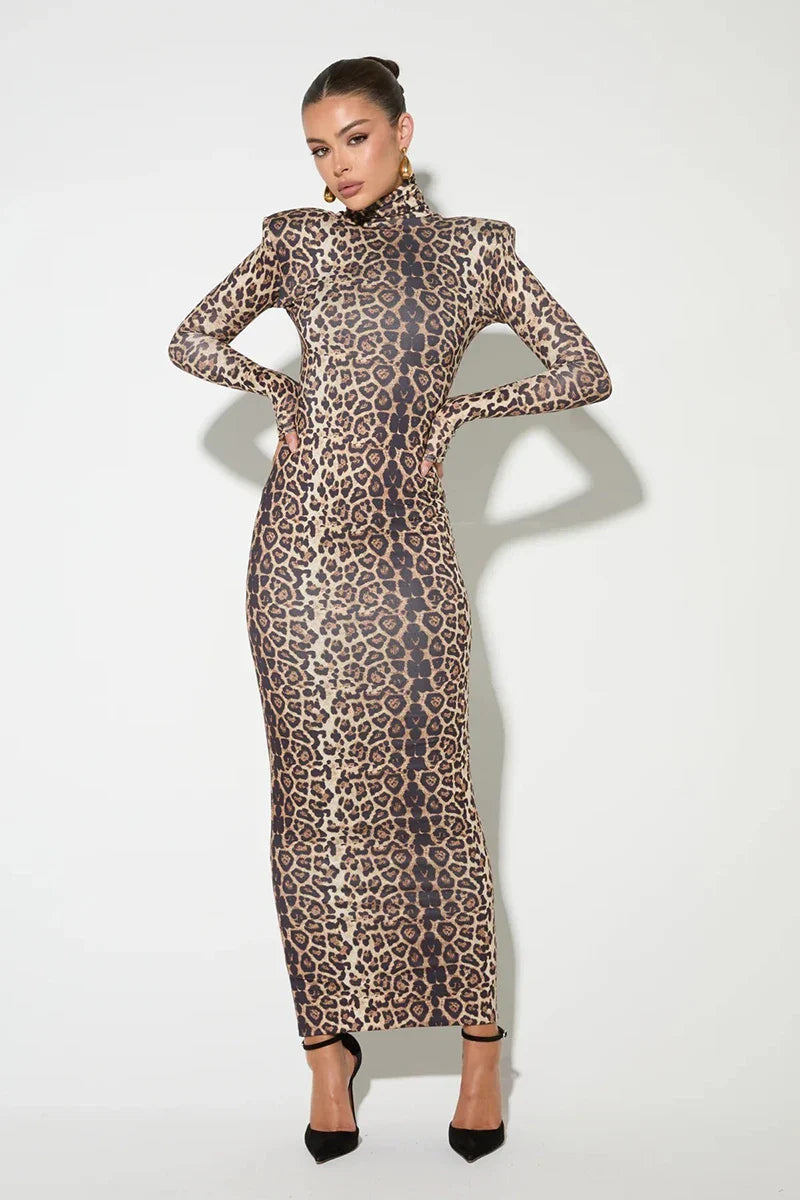 Leopard print maxi dress with turtleneck - Madlen