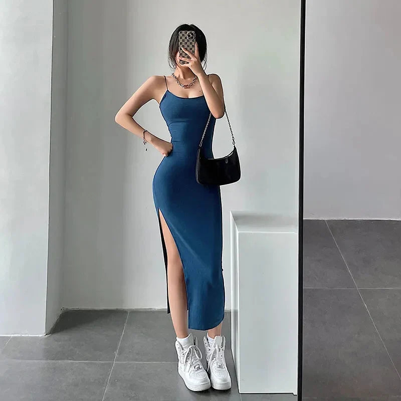 Fitted midi dress with slit and spaghetti straps - Bati