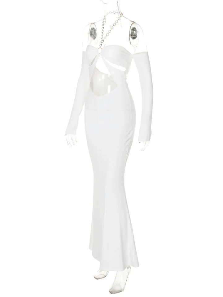 Maxi Dress with Collar, Cutouts, Gold Hoops, and Off-Shoulder Design - Alma