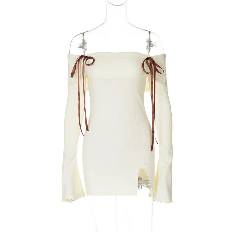 Knitted mini dress with off-shoulder and bow ribbon decoration - Yanga