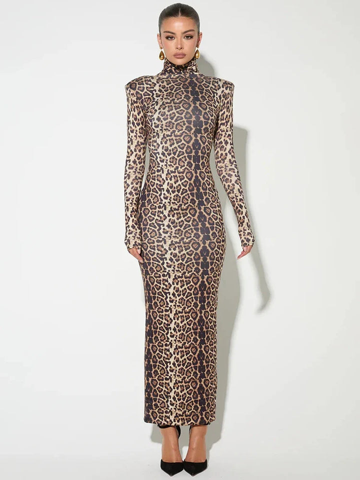 Leopard print maxi dress with turtleneck - Madlen