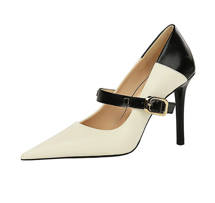 Faux Leather Pointed Heel Shoes with Buckle Decoration - Margaret