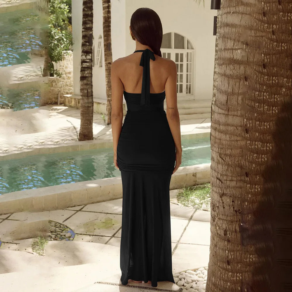 Maxi Chiffon Dress with Ruching Detail and Neck Tie Ruffle - Shelly
