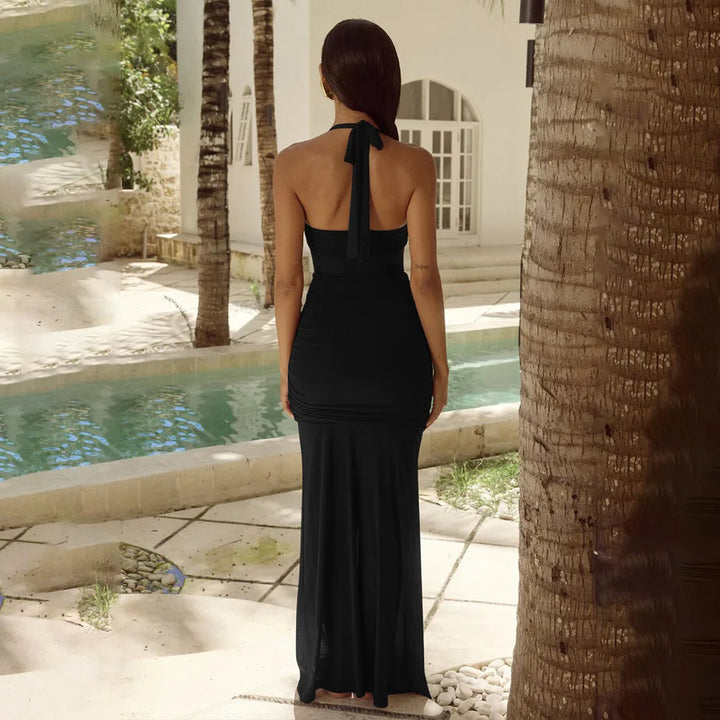 Maxi Chiffon Dress with Ruching Detail and Neck Tie Ruffle - Shelly
