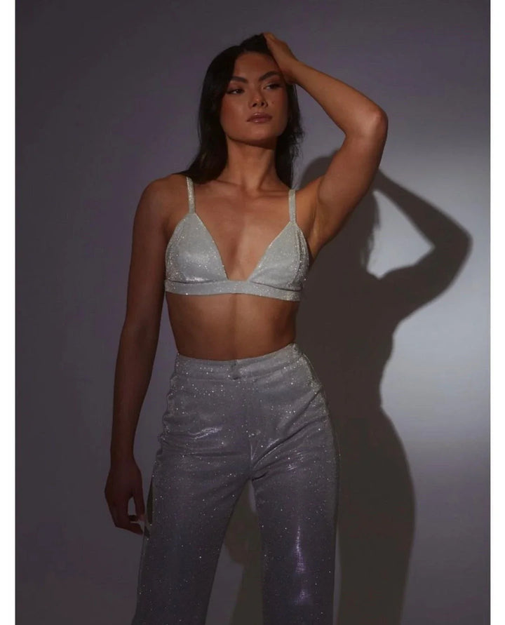Three-Piece Sequin Suit with Bra, Blazer, and Long High-Waisted Pants - Pasha