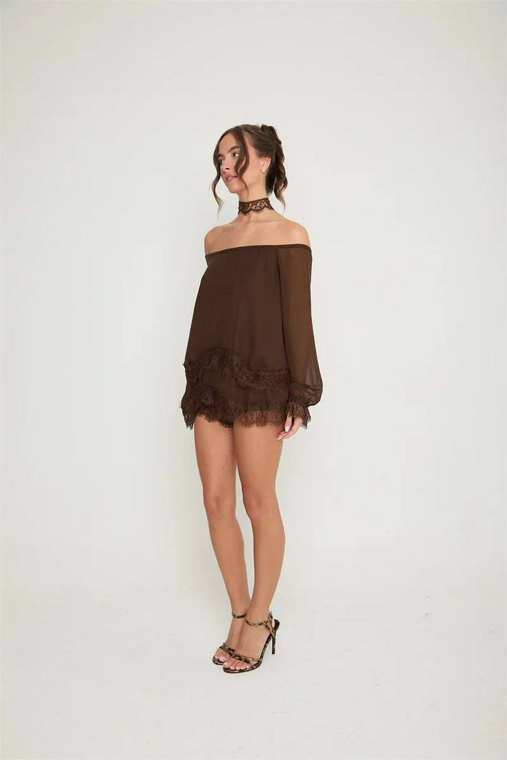 Off-the-shoulder mini dress with lace trim and matching shorts - Mali