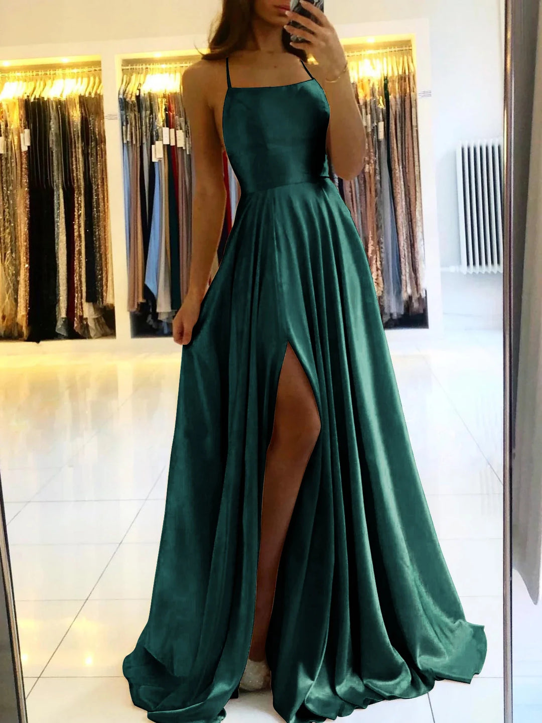 Elegant Maxi Satin Dress with Slit, A-Line Design, Back Tie - Prince