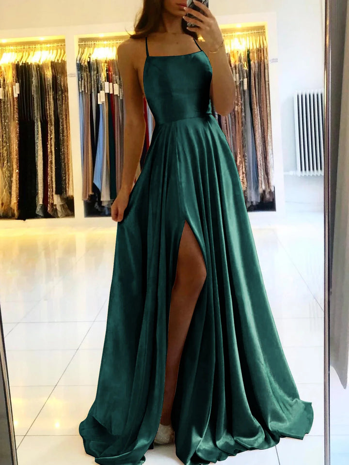 Elegant Maxi Satin Dress with Slit, A-Line Design, Back Tie - Prince