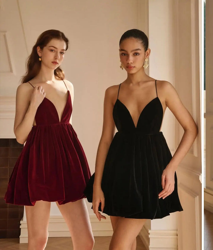 Velvet Mini Balloon Dress with Open Back - Myla