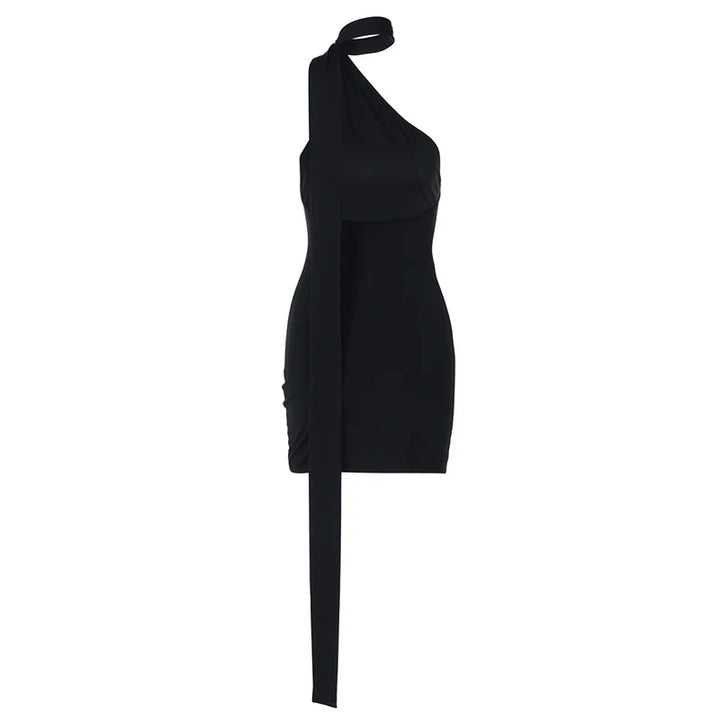 Mini Dress with Open Back, Asymmetric Collar, and Neck Tie Decoration - Rain