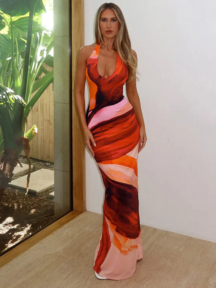 Maxi Dress with Colorful Print, Neck Tie, and Open Back - Chulia