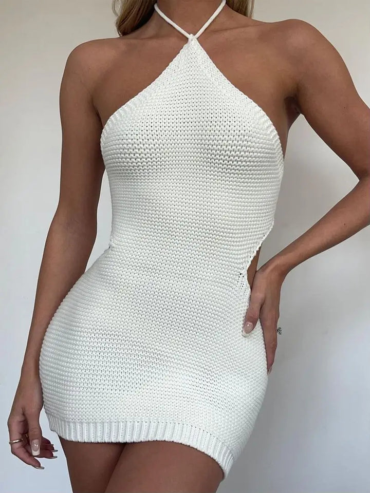 Knitted Beach Mini Dress with Open Back - Yialo