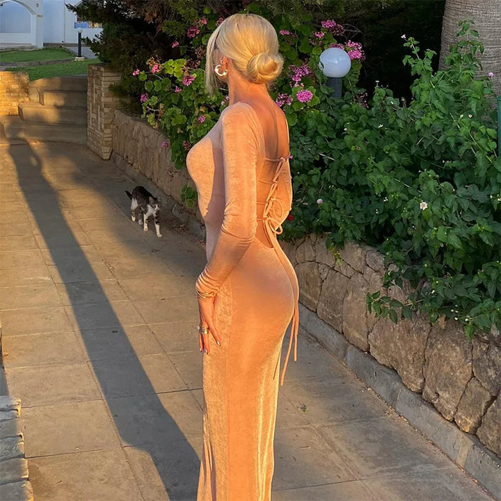 Knitted Maxi Dress with Open Back and Ties - Shindy